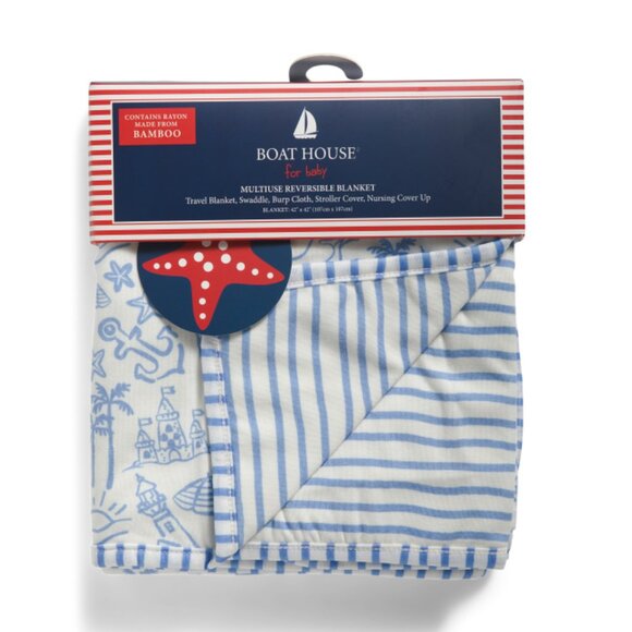BOAT HOUSE Blue Baby Coastal Linework Stroller Blanket - Picture 1 of 2